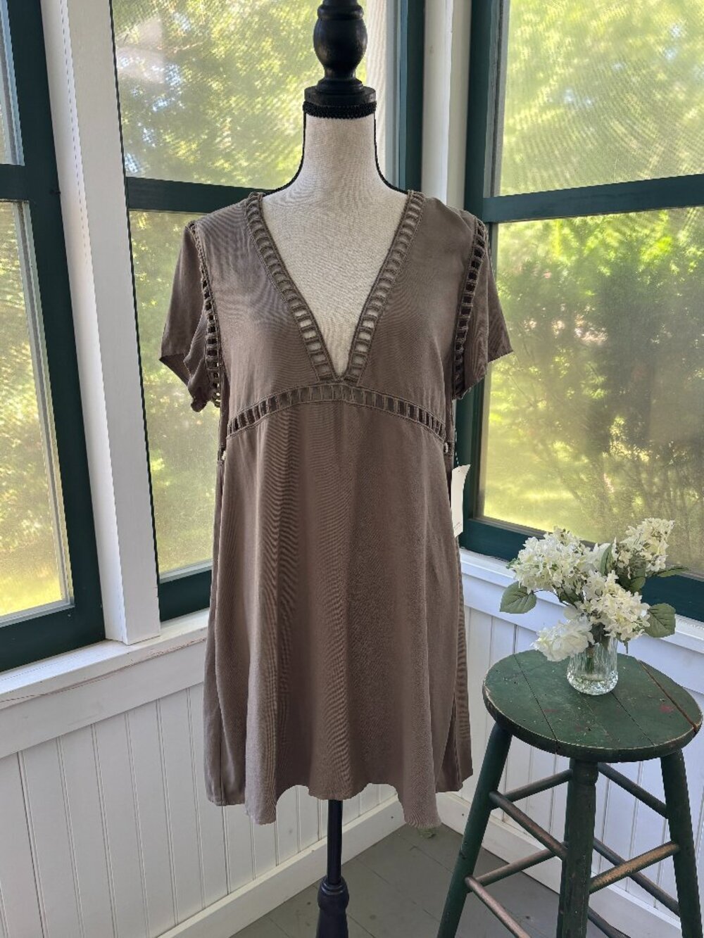 Tobi Ladder Trim Mini Dress | Taupe | Size M | NWT